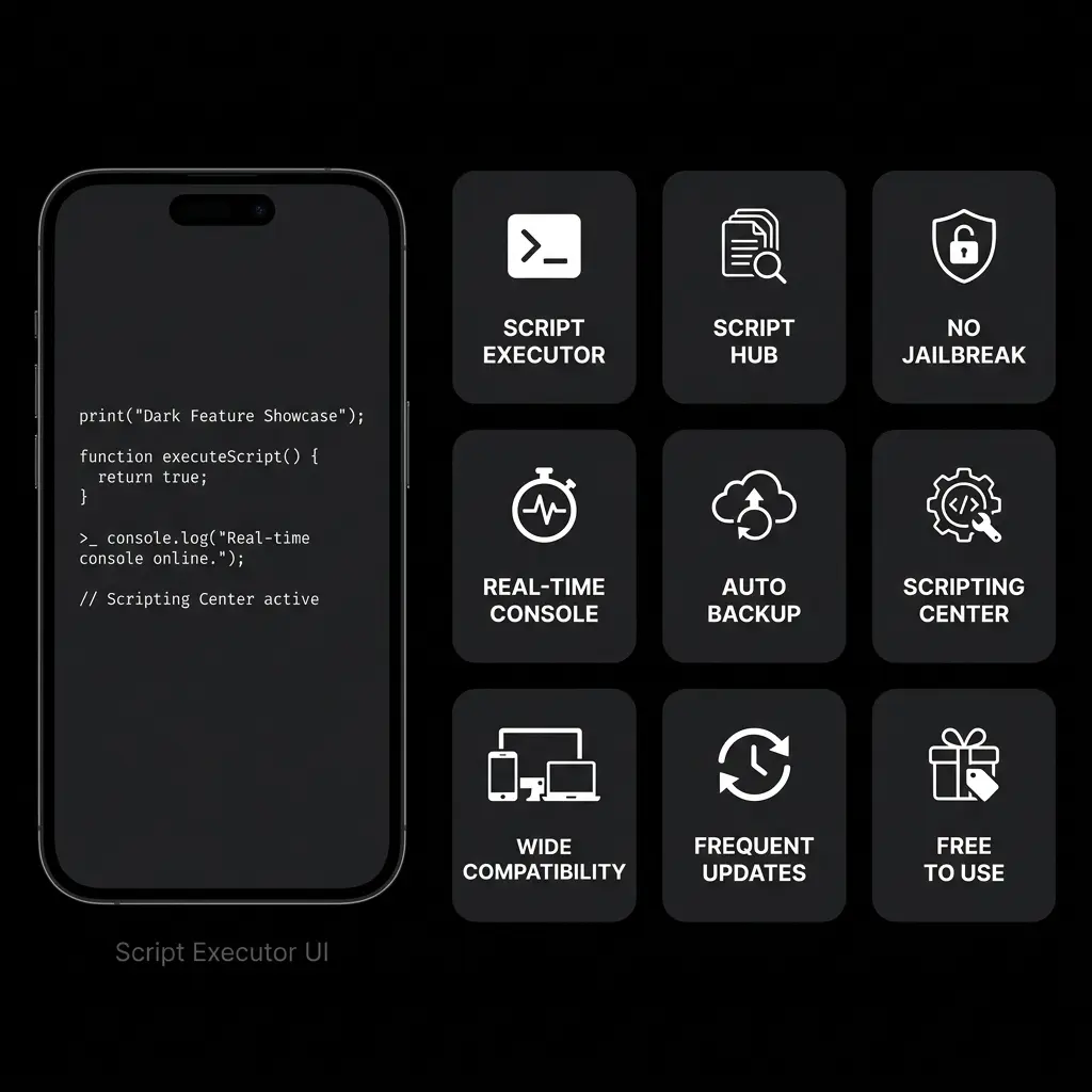 Delta Executor iOS feature showcase displaying nine key features including Script Executor, Built-In Script Hub, No Jailbreak Required, Real-Time Console, Auto Backup, Scripting Center, Wide Compatibility, Frequent Updates, and Free to Use, alongside an iPhone mockup running the executor interface.