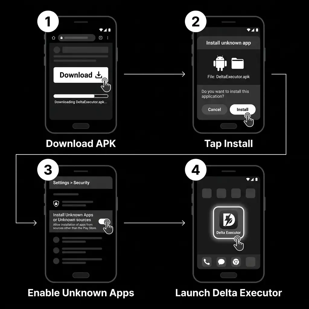 Four-step visual guide showing how to download and install Delta Executor APK on Android, covering tapping the download button, installing the APK file, enabling unknown app installation in settings, and launching Delta Executor from the home screen.