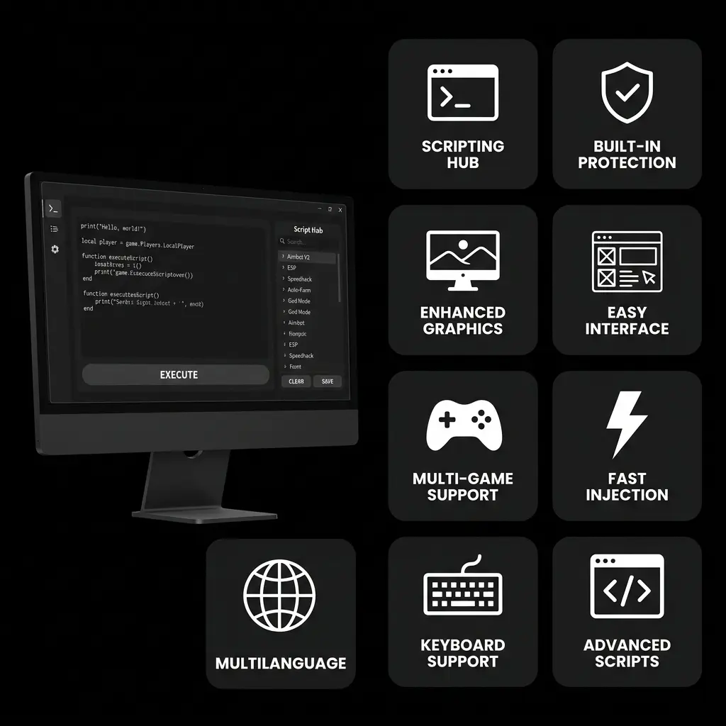Delta Executor for PC feature showcase displaying nine key features including Scripting Hub, Built-In Protection, Enhanced Graphics, Easy Interface, Multi-Game Support, Fast Injection, Multilanguage Support, Keyboard Support, and Advanced Script Execution, alongside a PC monitor mockup running the executor interface.