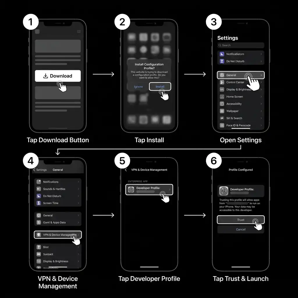 visual guide showing how to directly install Delta Executor on iOS, covering tapping the download button, installing the configuration profile, navigating to Settings, opening VPN and Device Management, selecting the developer profile, and tapping Trust to launch the app.