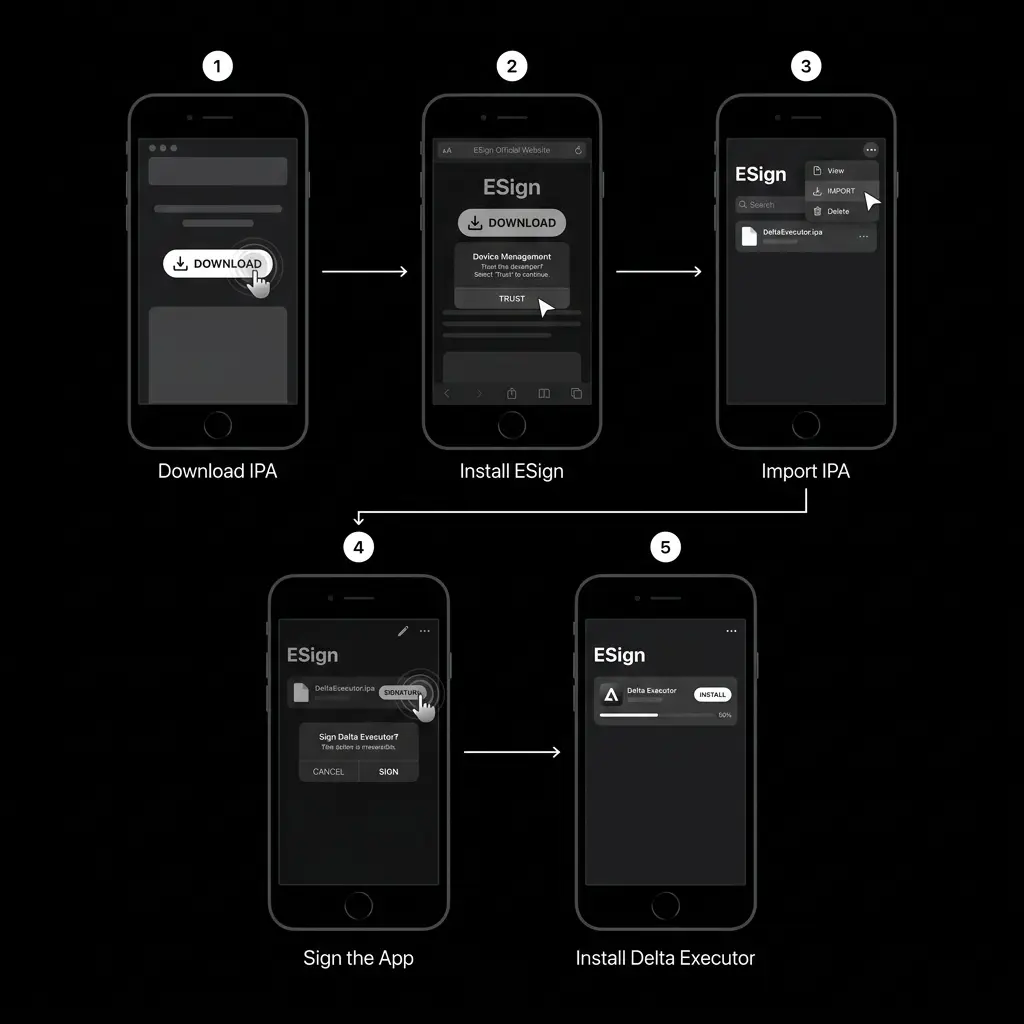 visual guide arranged in a vertical grid showing how to install Delta Executor on iOS using ESign, covering downloading the IPA file, installing and trusting ESign, importing the Delta Executor IPA, signing the app, and tapping Install to complete the installation.