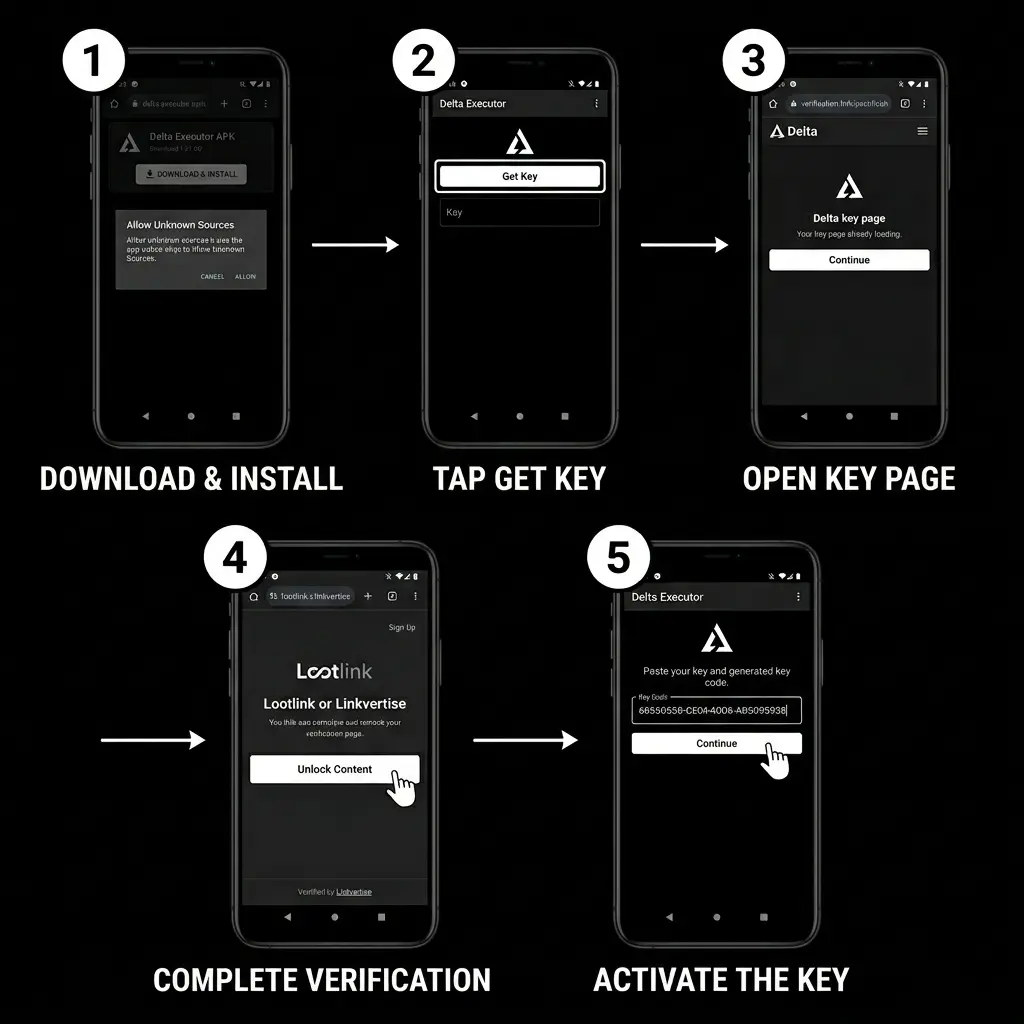 Five-step visual guide showing how to get and activate the Delta Executor key on Android, covering downloading and installing the APK, tapping Get Key, opening the verification page in Chrome, completing the verification tasks, and activating the key inside the Delta Executor app.