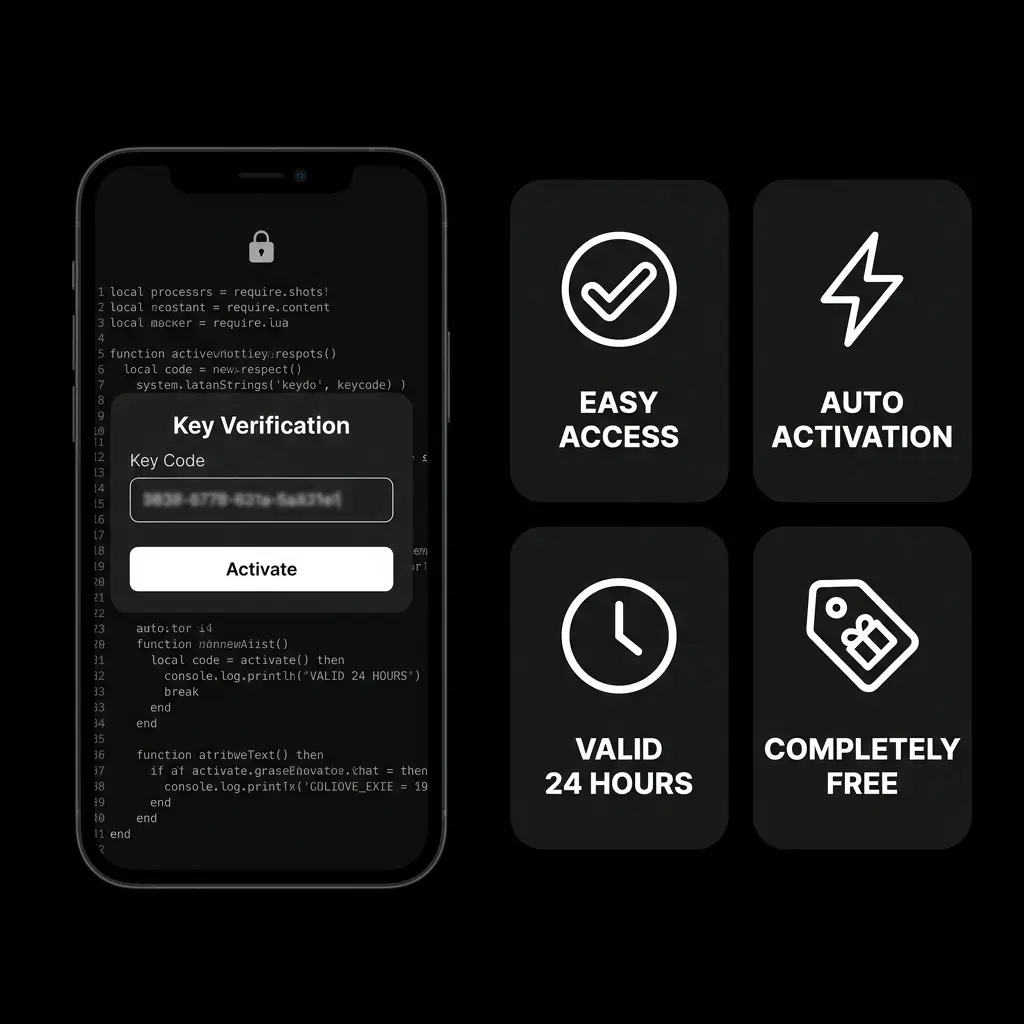 Delta Executor Key feature showcase displaying four key features including Easy Access, Automatic Activation, Valid for 24 Hours, and Completely Free, alongside a smartphone mockup showing the key activation screen, on a pure black background.