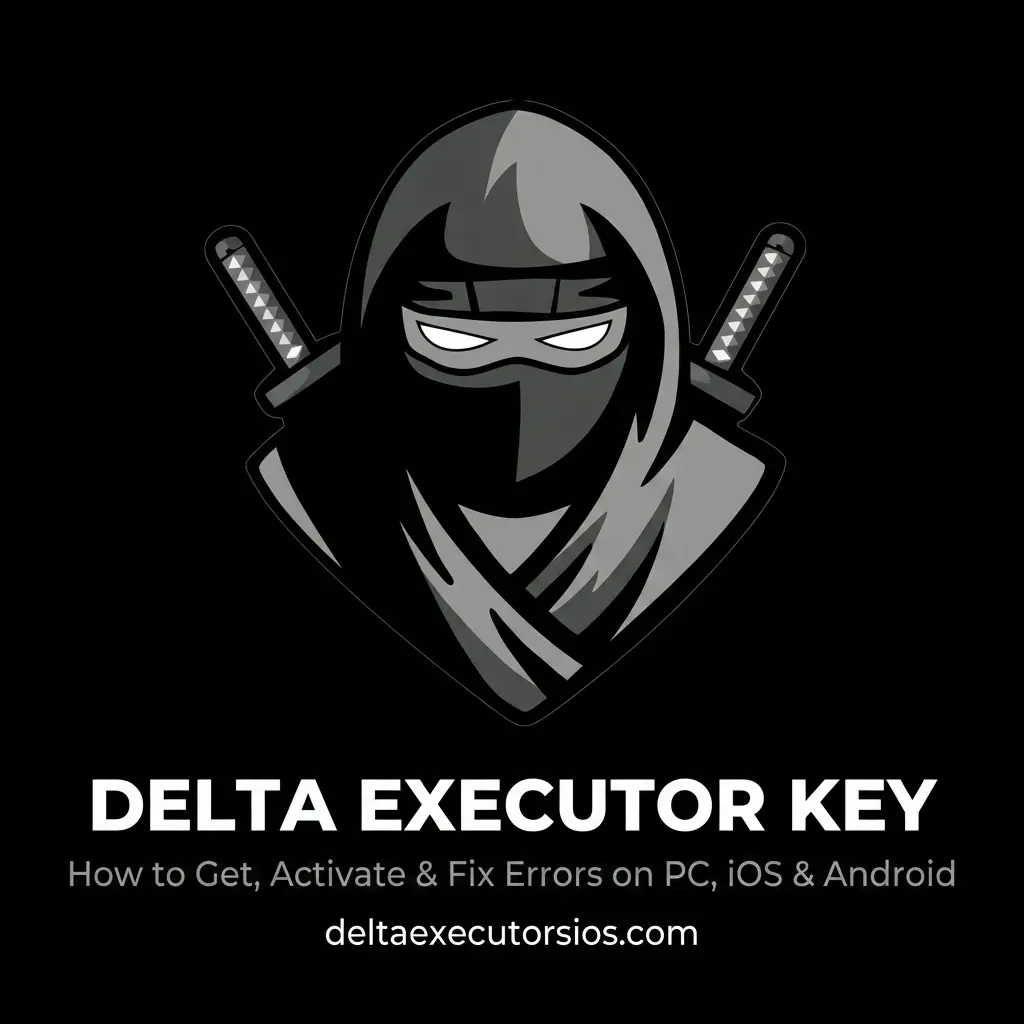 Delta Executor Key hero image featuring the Delta Executor ninja mascot logo with crossed katana swords, representing the guide on how to get, activate and fix errors for the Delta Executor key on PC, iOS and Android, with the website deltaexecutorsios.com displayed at the bottom.