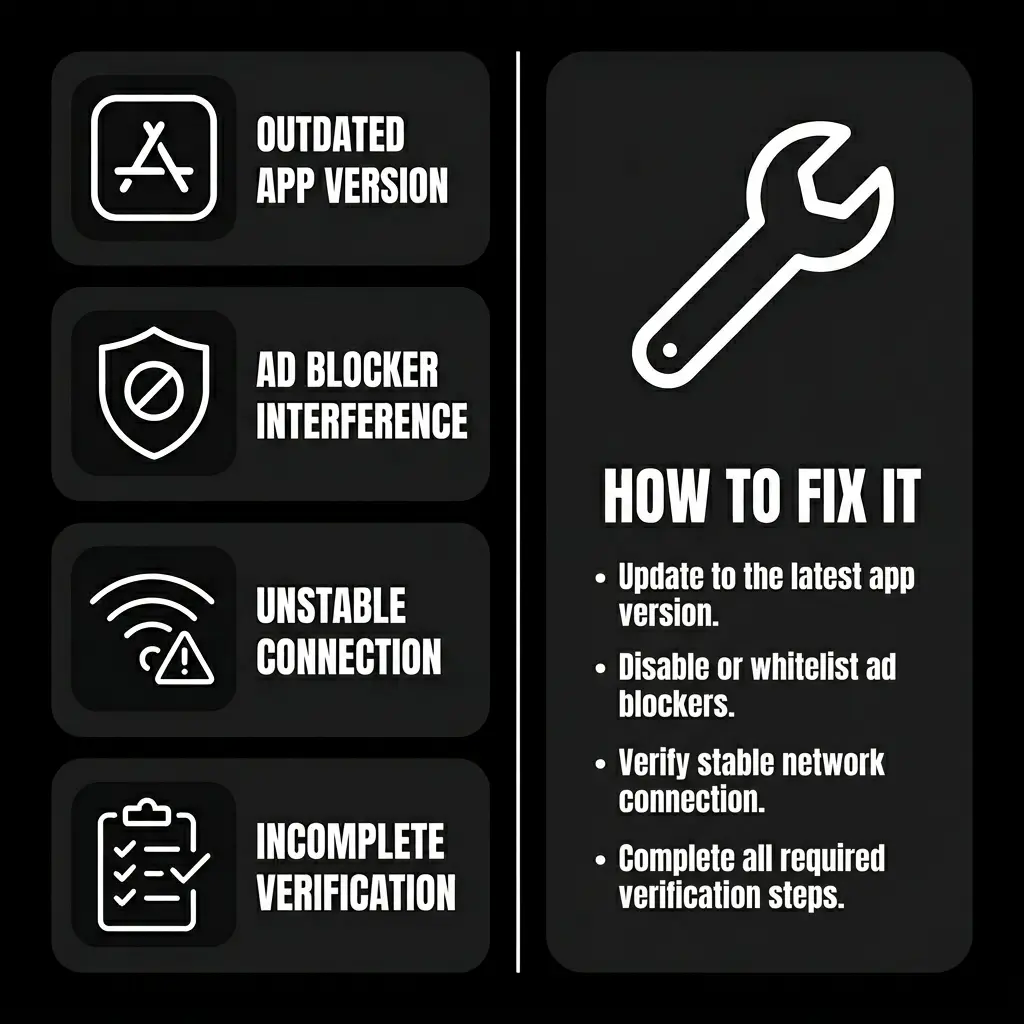 Delta Executor key troubleshooting guide showing four common key issues including outdated app version, ad blocker interference, unstable internet connection, and incomplete verification steps, alongside a fixes panel explaining how to resolve each issue, displayed on a pure black background.