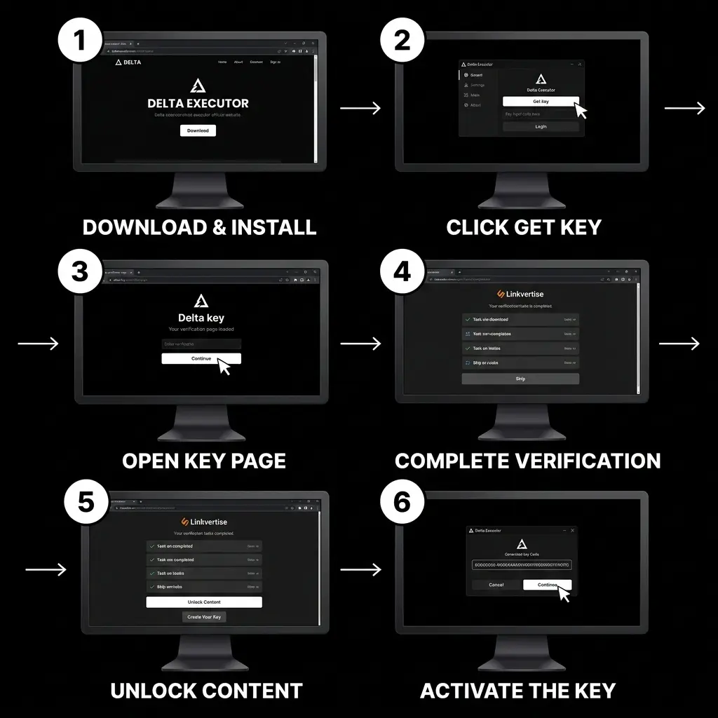 Six-step visual guide showing how to get and activate the Delta Executor key on PC, covering downloading and installing the app, clicking Get Key, opening the verification page, completing verification tasks through Linkvertise or Lootlabs, unlocking the content, and activating the key inside the Delta Executor app.