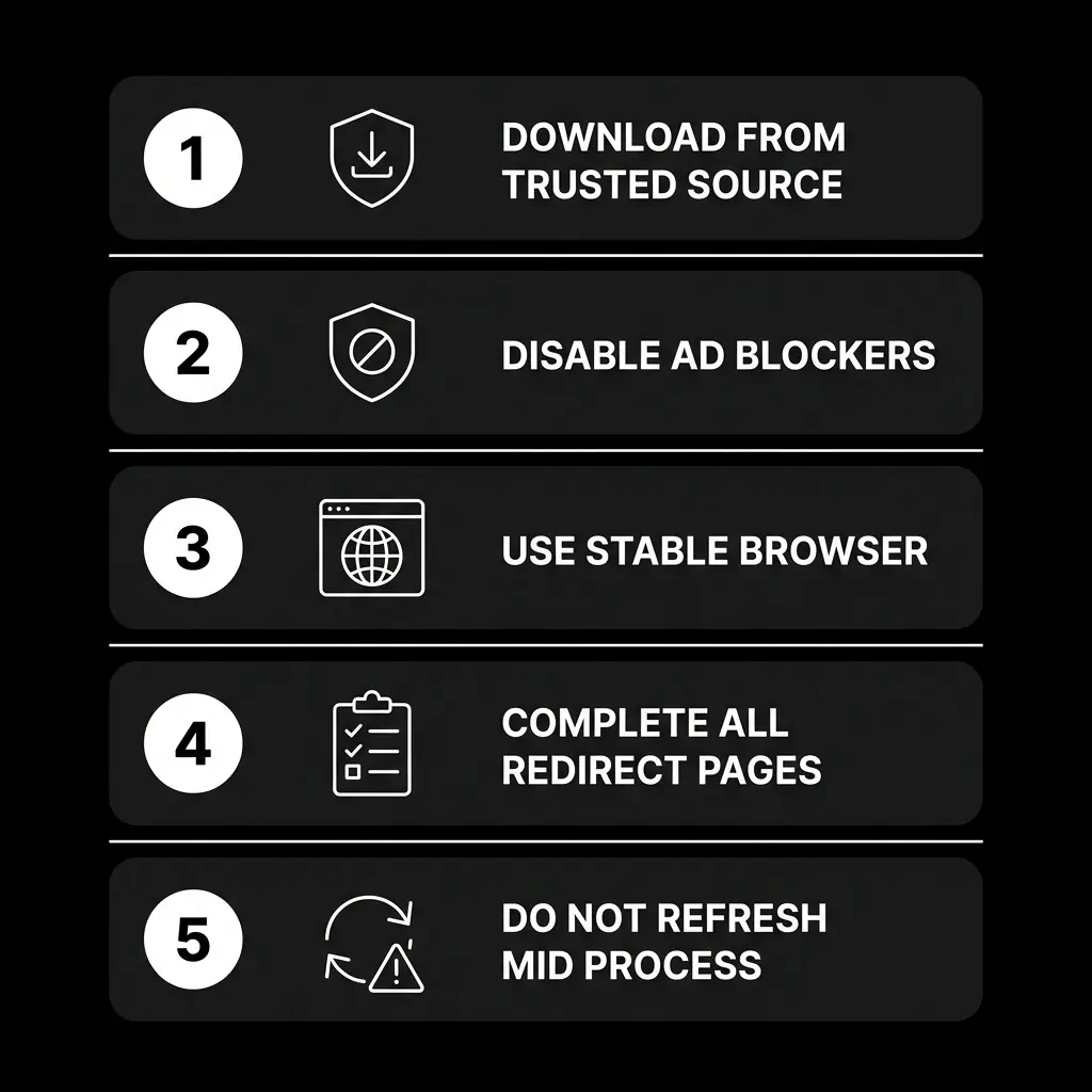 Five useful tips for successfully getting the Delta Executor key displayed as dark numbered cards on a pure black background, covering downloading from a trusted source, disabling ad blockers, using a stable browser, completing all redirect pages, and not refreshing mid process.
