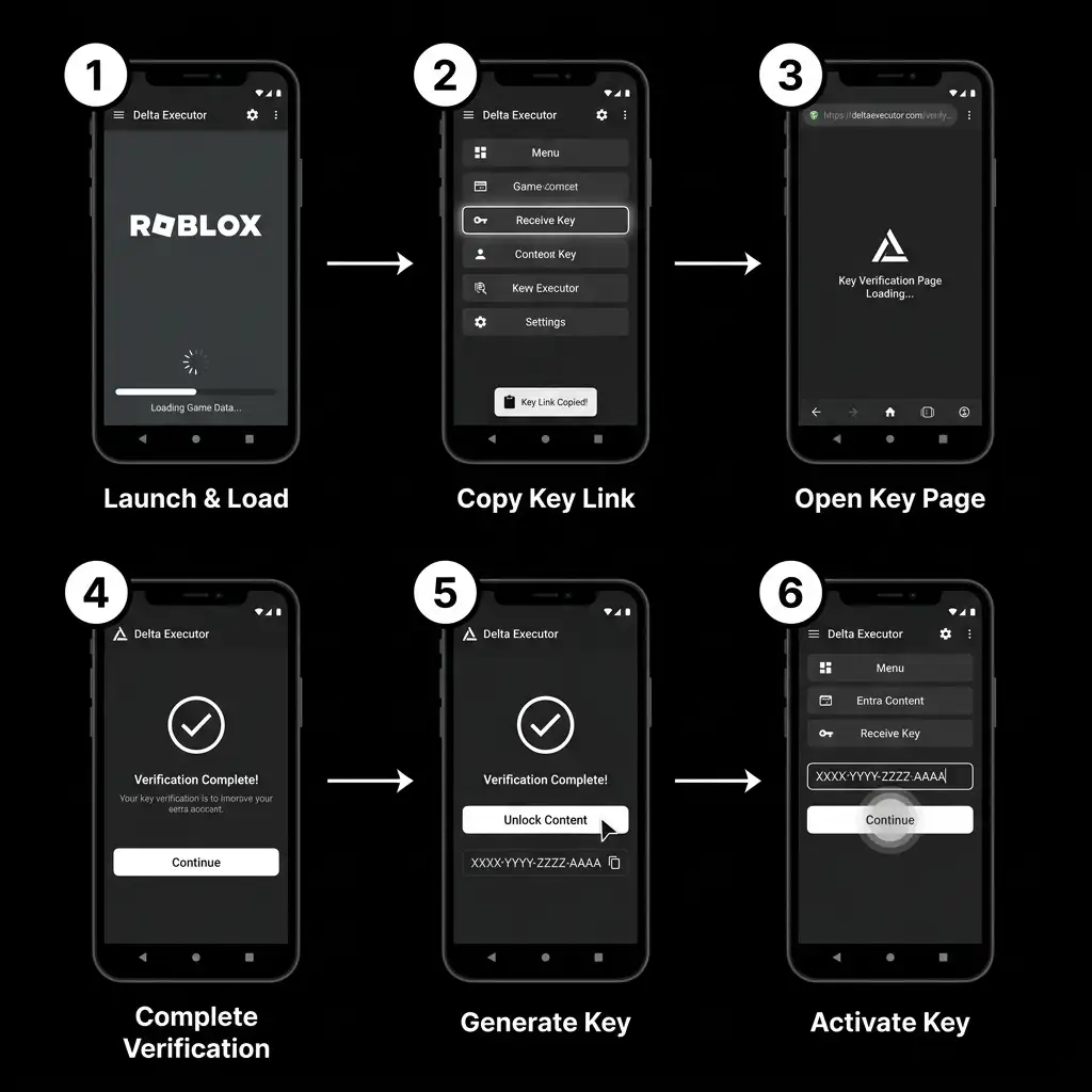 Six-step visual guide showing how to get and activate the Delta Executor mobile key on Android, covering launching and loading the app, copying the key link, opening the verification page, completing verification steps, generating the key, and activating it inside the Delta Executor app.