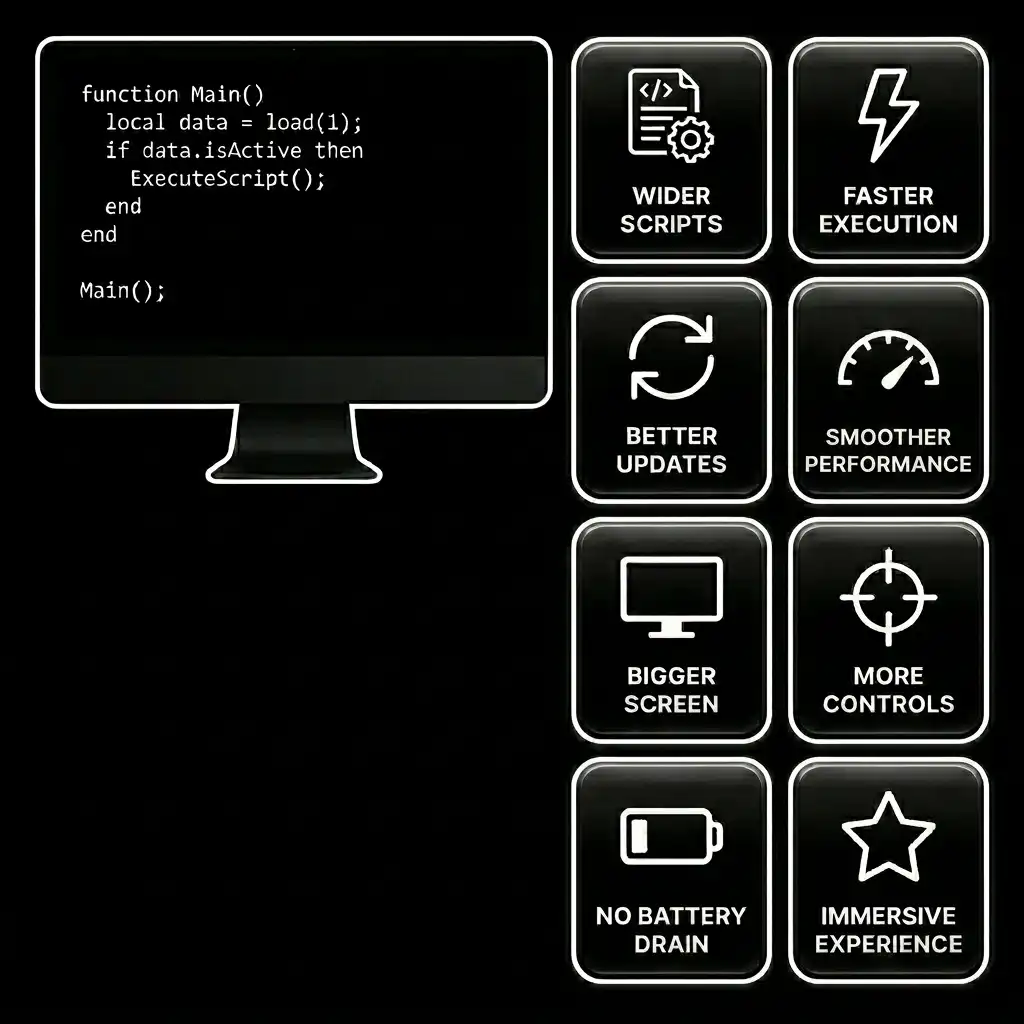 Eight benefits of using Delta Executor on PC shown as equally sized dark charcoal icon cards on a pure black background alongside a PC monitor mockup, covering wider scripts, faster execution, better updates, smoother performance, bigger screen, more controls, no battery drain, and immersive experience.