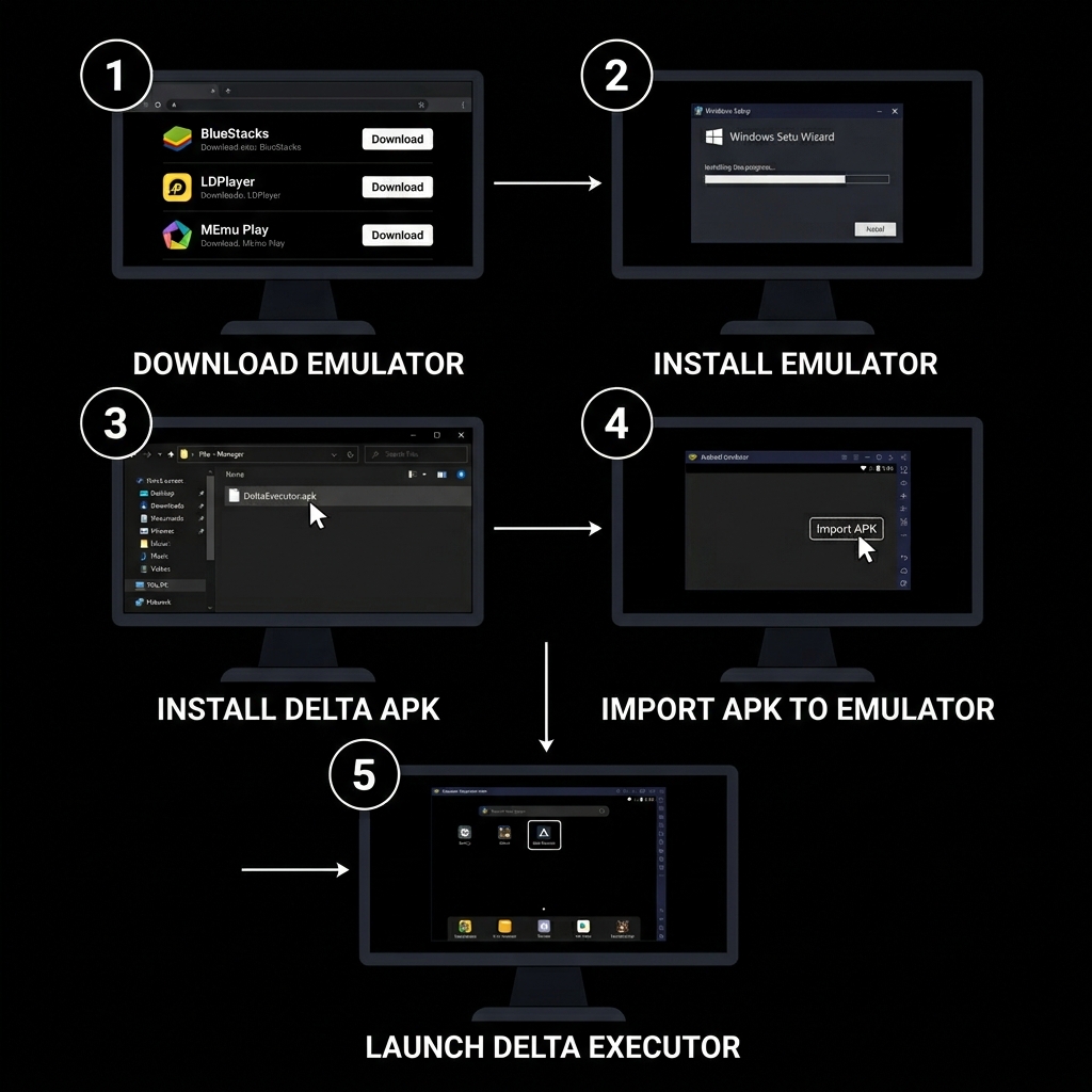 Five-step visual guide with identical PC monitor mockups showing how to install Delta Executor on PC using an Android emulator, from downloading the emulator to launching Delta Executor from the app drawer.