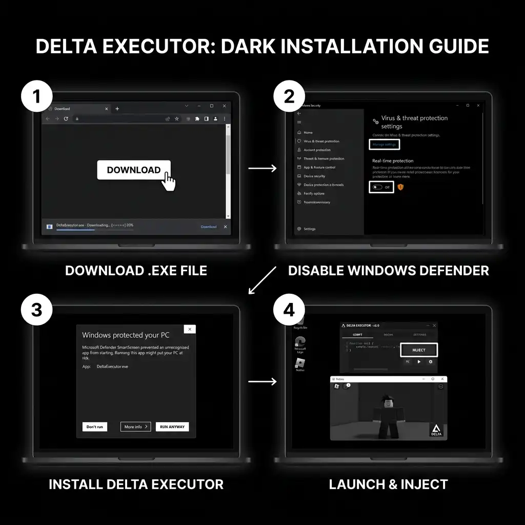 Four-step visual guide showing how to install Delta Executor on PC via the .exe file method, covering downloading the exe file, temporarily disabling Windows Defender, running the installer past the Windows protection warning, and launching Delta Executor to inject and run Roblox scripts.