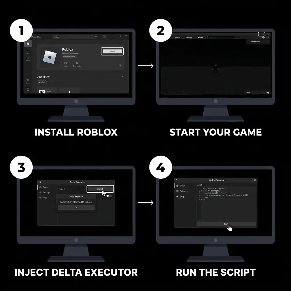 Four-step visual guide with identical PC monitor mockups showing how to run Roblox scripts on Delta Executor for PC, covering installing Roblox from the Microsoft Store, starting the game, injecting Delta Executor, and running the Lua script using the Run button.
