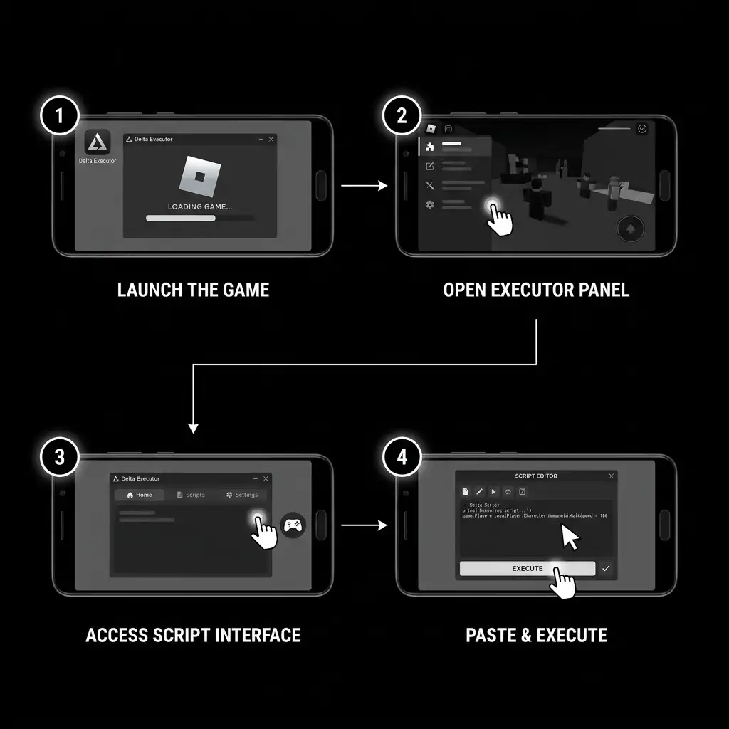 Four-step visual guide showing how to run Roblox scripts using Delta Executor on Android, covering launching the game, opening the executor panel, accessing the script interface, and pasting and executing the Lua script inside the game.
