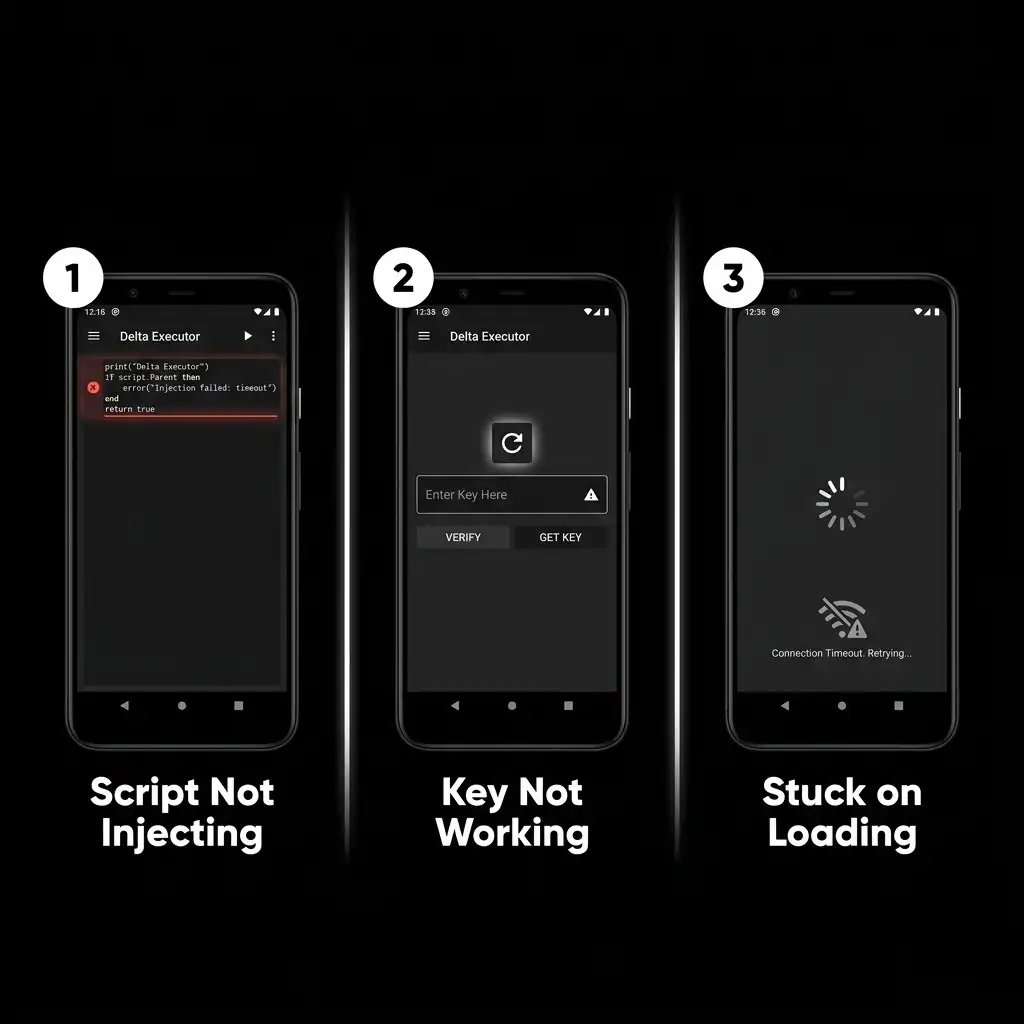 Three-panel dark troubleshooting visual guide for Delta Executor on Android showing common errors and fixes including Script Not Injecting, Key Not Working, and Stuck on Loading, each displayed on a dark Android smartphone mockup against a pure black background.