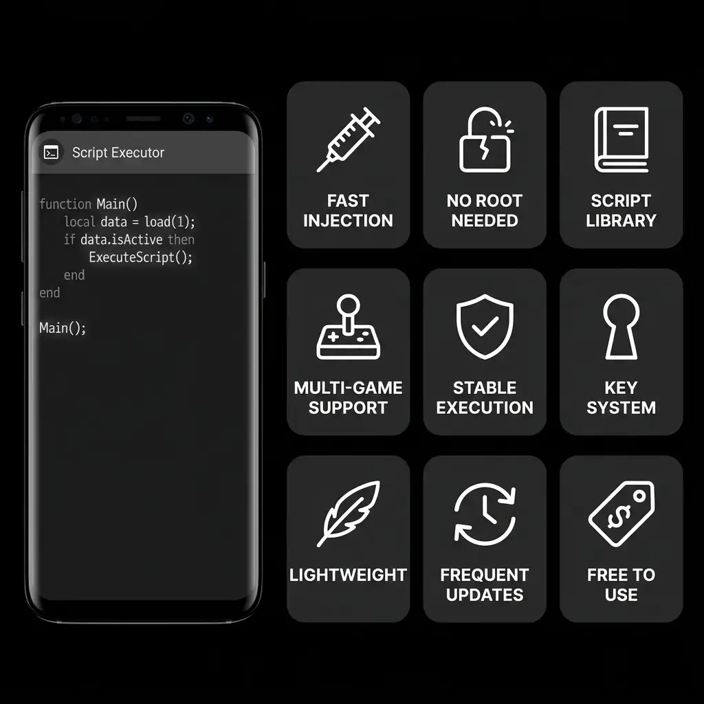 Delta Executor APK feature showcase displaying nine key features including Fast Script Injection, No Root Needed, Built-In Script Library, Multi-Game Support, Stable Execution, Key System, Lightweight Performance, Frequent Updates, and Free to Use, alongside an Android smartphone mockup running the executor interface.