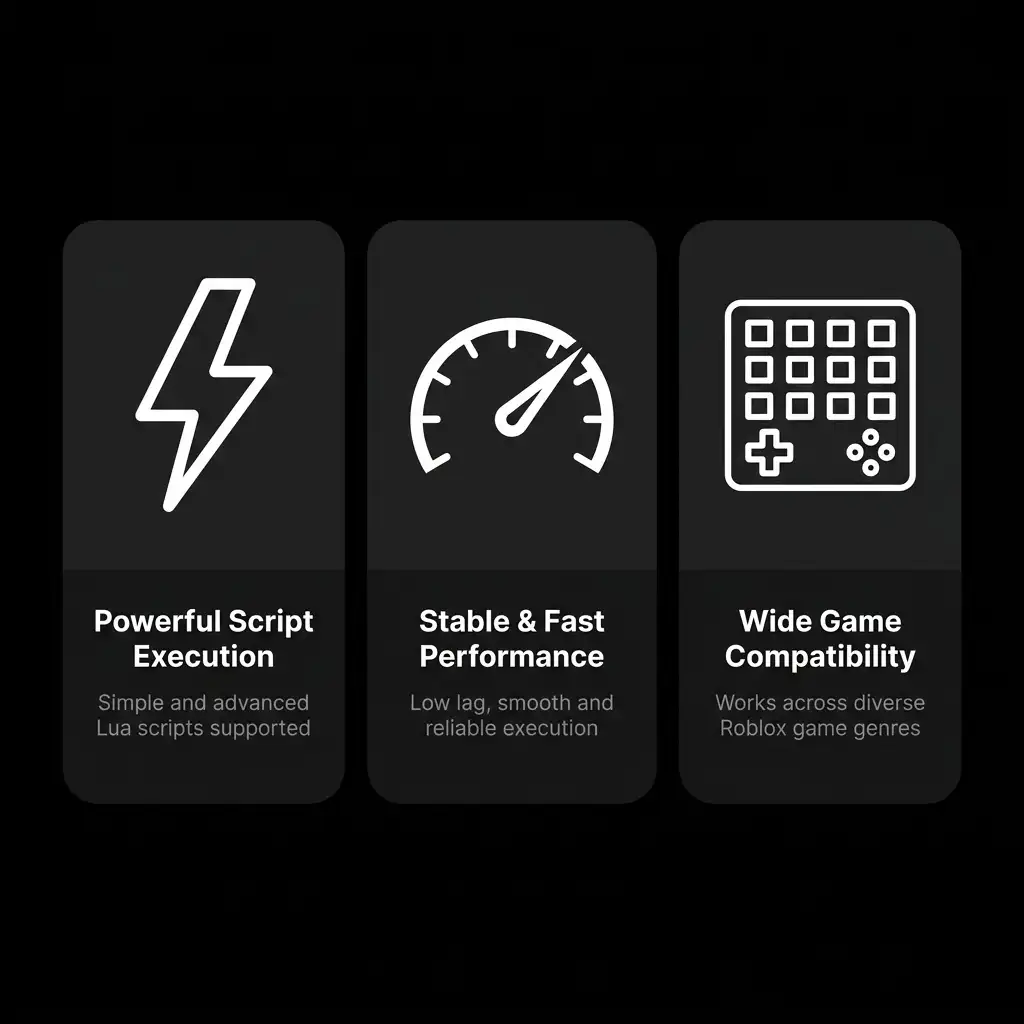 Three reasons to choose Delta Executor for Roblox displayed as dark feature cards, highlighting Powerful Script Execution, Stable and Fast Performance, and Wide Game Compatibility, against a pure black background.