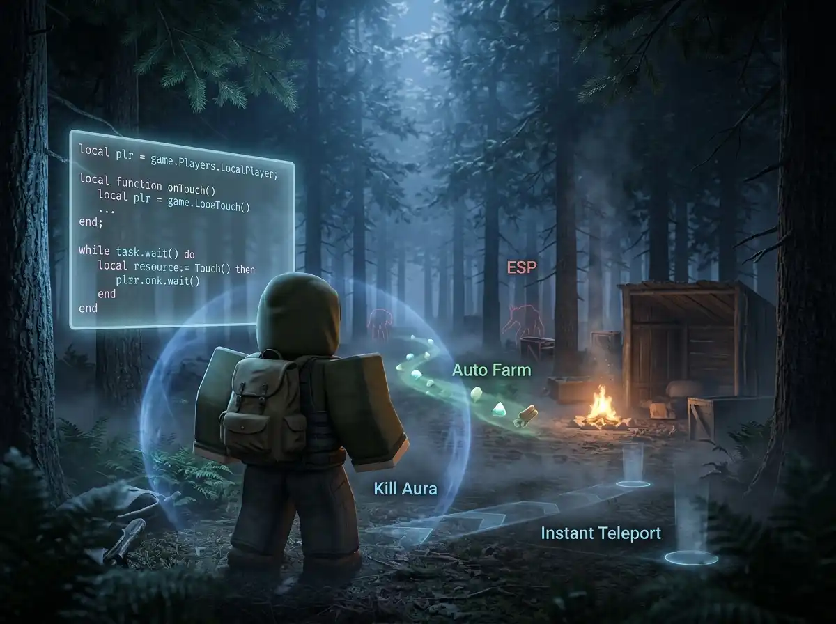 Roblox 99 Nights in the Forest gameplay scene showing Lua scripts being executed through Delta Executor, with visual effects representing Auto Farm, ESP, Kill Aura, Infinite Diamonds, and Teleport features in a dark cinematic forest environment