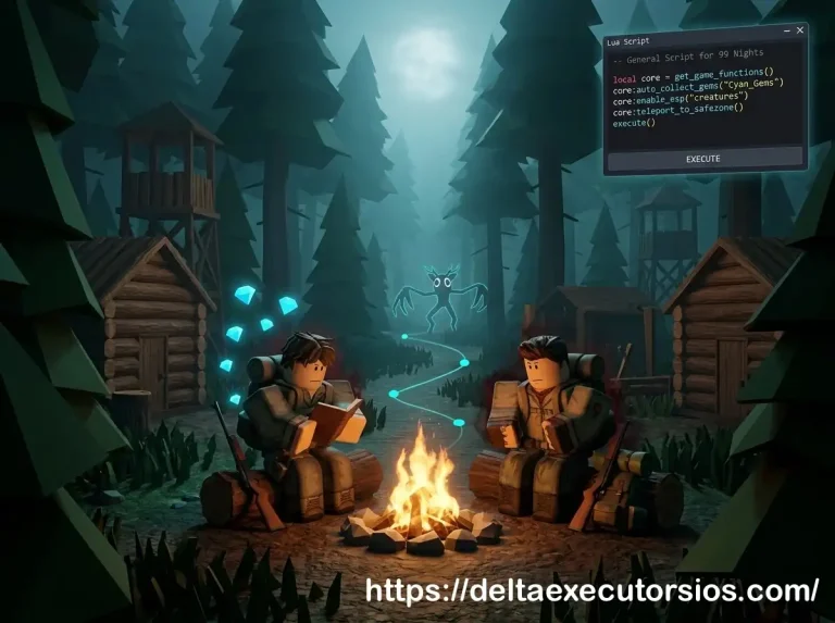 Delta Executor executing a 99 Nights in the Forest script with Auto Farm, ESP, Infinite Diamonds, Kill Aura, and Teleport features in a realistic nighttime survival environment.