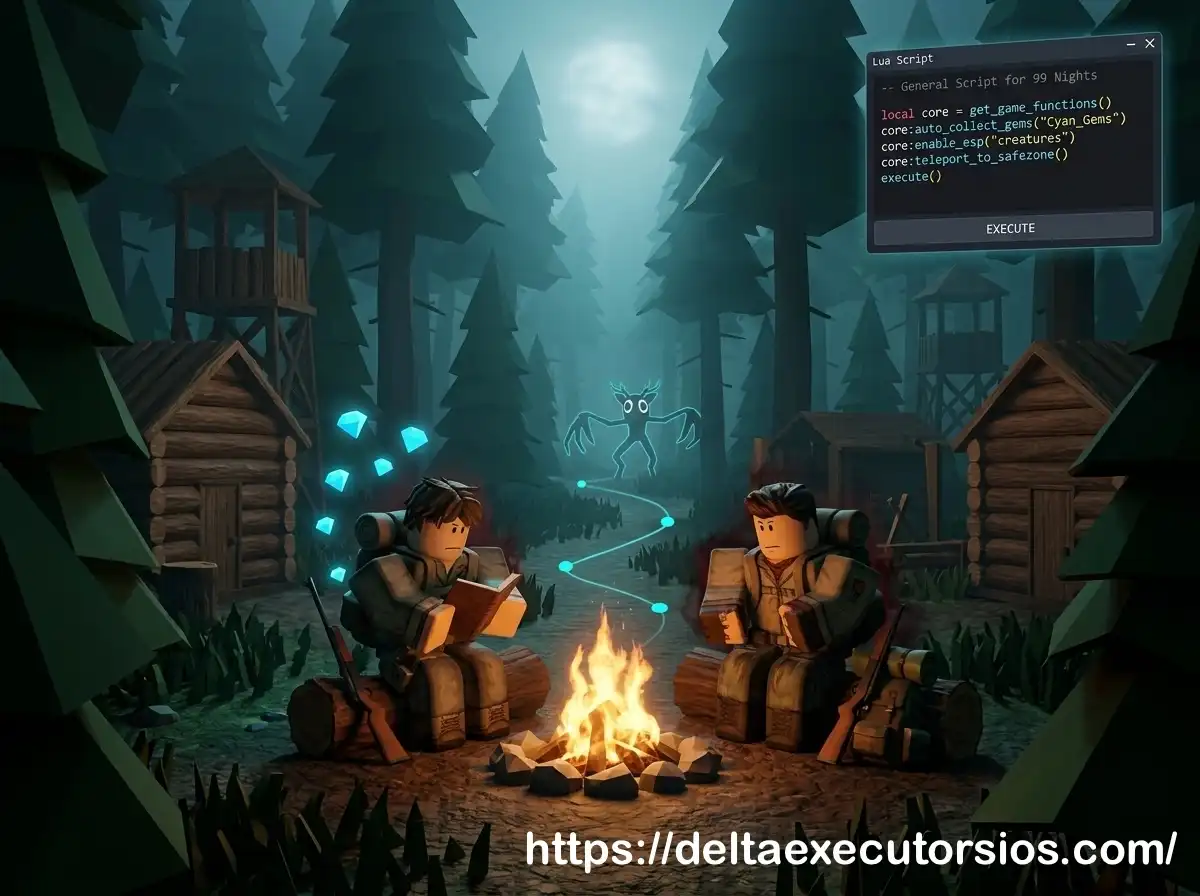 Delta Executor executing a 99 Nights in the Forest script with Auto Farm, ESP, Infinite Diamonds, Kill Aura, and Teleport features in a realistic nighttime survival environment.