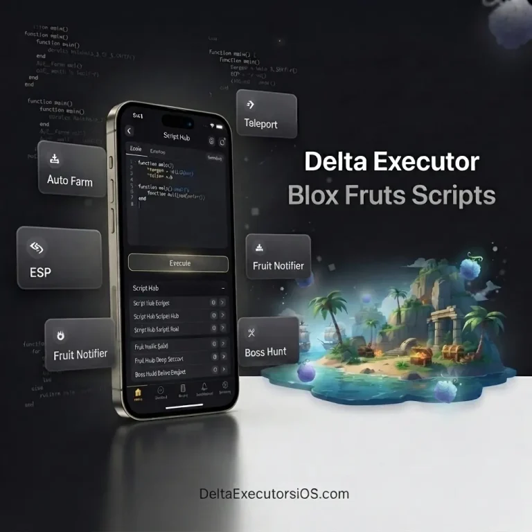Delta Executor Blox Fruit Scripts interface showing Auto Farm, ESP, Teleport, Fruit Notifier, and Script Hub features on iPhone for iOS, Android, and PC.