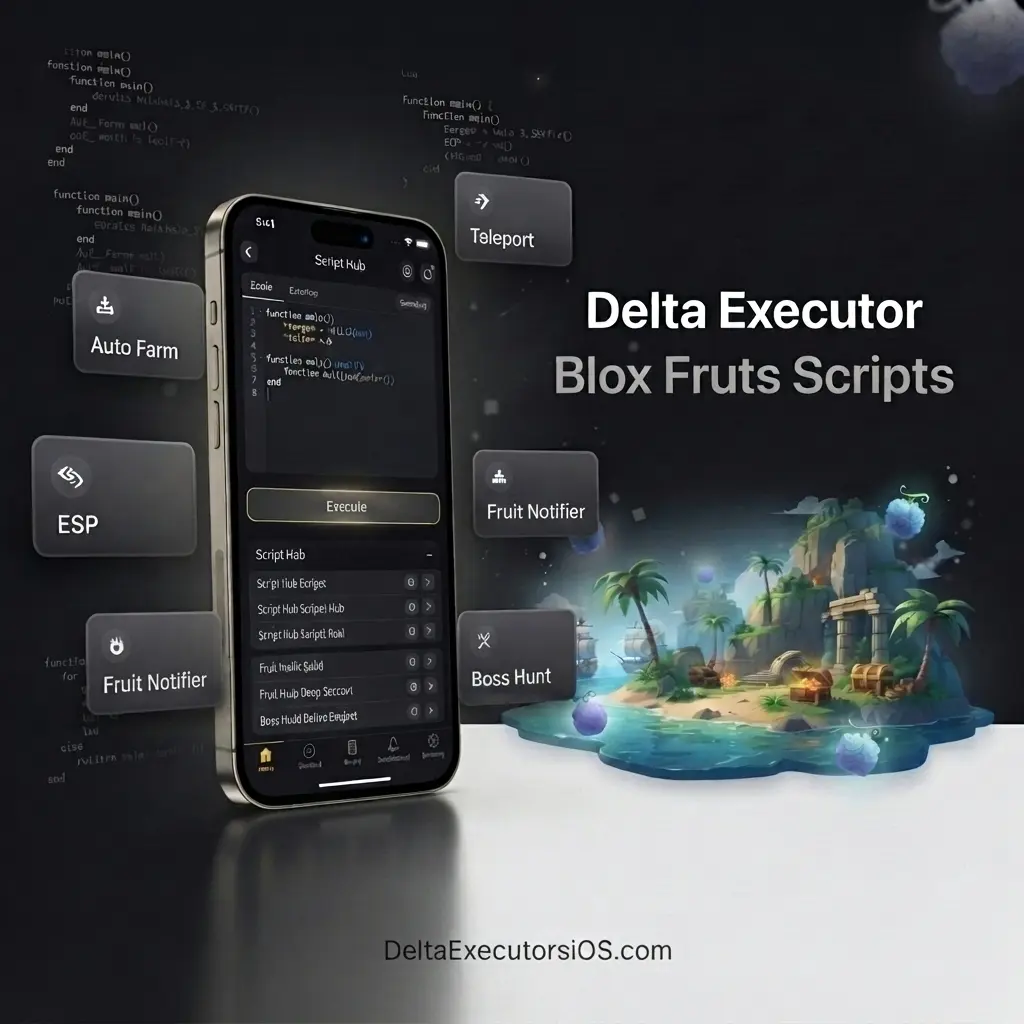Delta Executor Blox Fruit Scripts interface showing Auto Farm, ESP, Teleport, Fruit Notifier, and Script Hub features on iPhone for iOS, Android, and PC.