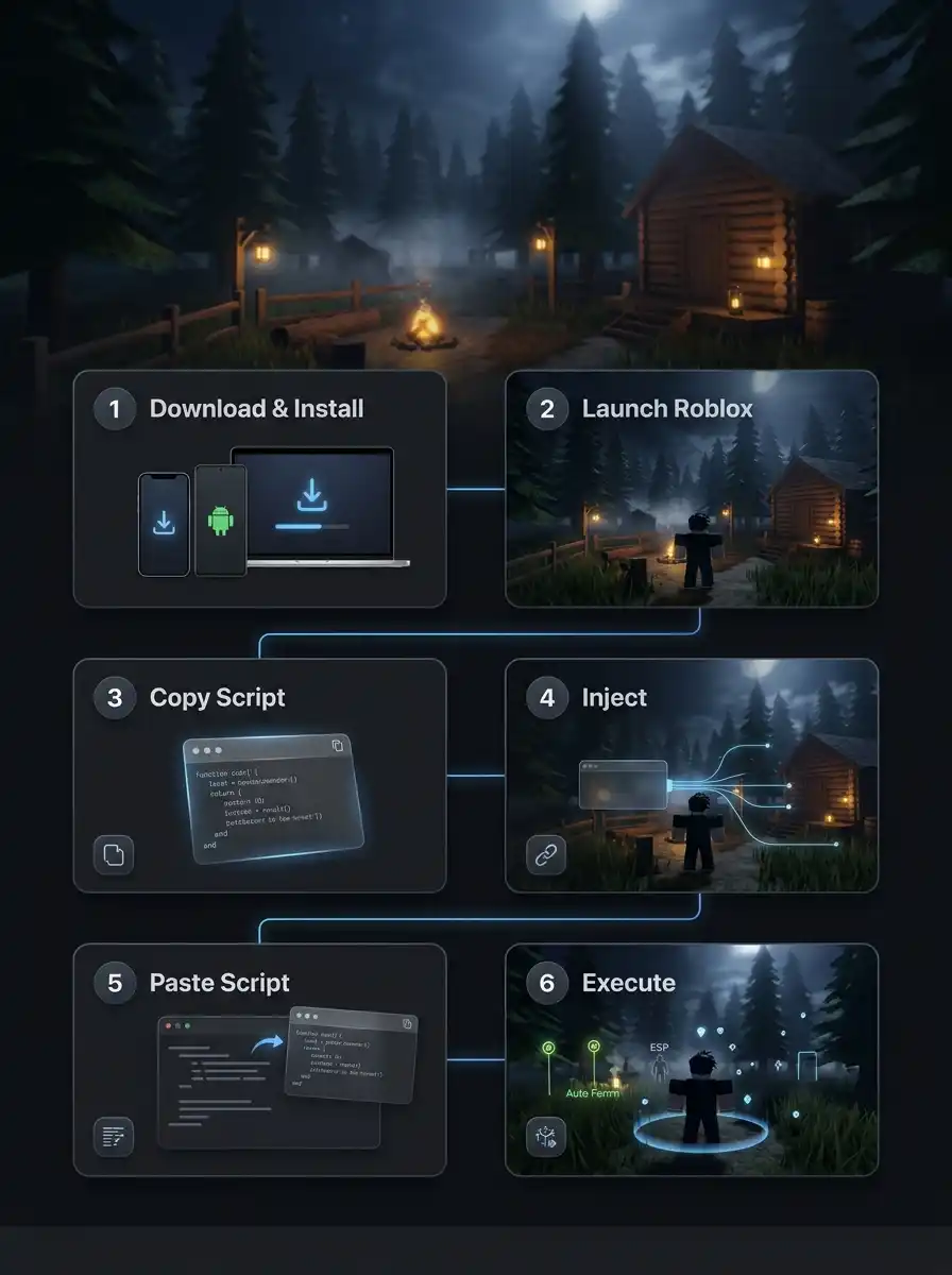 Step-by-step infographic showing how to execute a 99 Nights in the Forest script using Delta Executor, including downloading the executor, launching Roblox, copying the Lua script, injecting the executor, pasting the script, and executing it to enable Auto Farm, ESP, Kill Aura, Infinite Diamonds, and Teleport features.