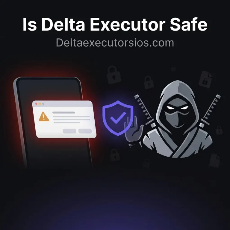 Is Delta Executor Safe – antivirus warning being verified by Delta mascot on Deltaexecutorsios.com