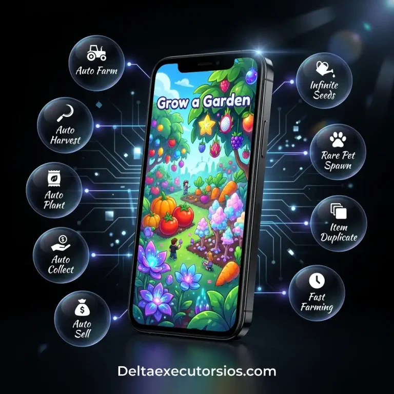 Delta Executor Grow a Garden Script featuring a smartphone displaying a colorful garden scene surrounded by auto farm, pet spawner, and script feature icons on a dark futuristic background