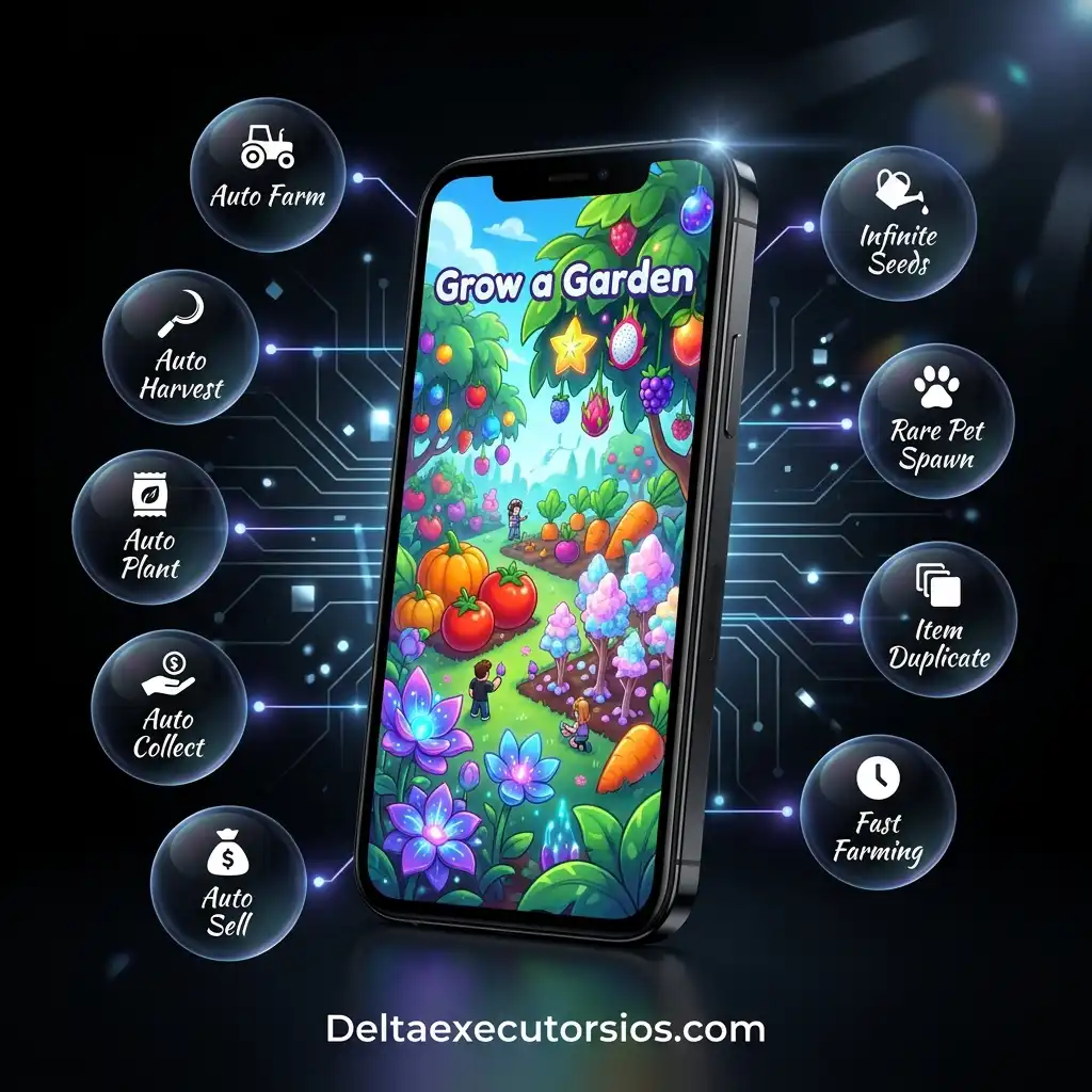 Delta Executor Grow a Garden Script featuring a smartphone displaying a colorful garden scene surrounded by auto farm, pet spawner, and script feature icons on a dark futuristic background