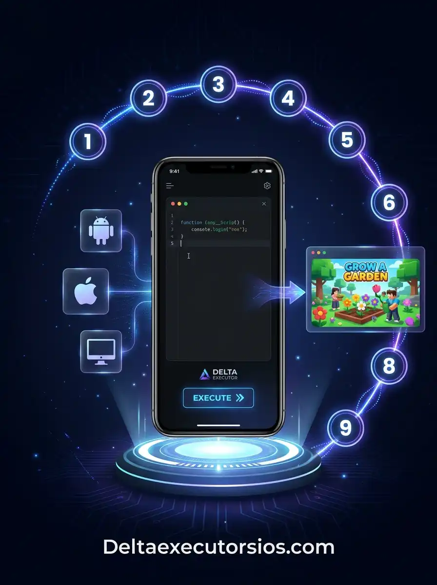 Step-by-step guide showing how to run Grow a Garden script on Delta Executor with script injection process across Android, iOS, and PC devices