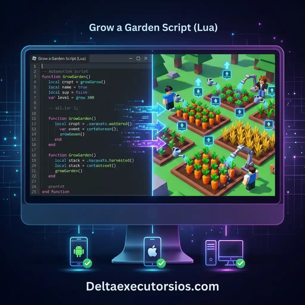 What is the Grow a Garden script for Delta Executor showing a smartphone with game scene and floating feature cards for auto farm, pet spawner, and anti-AFK